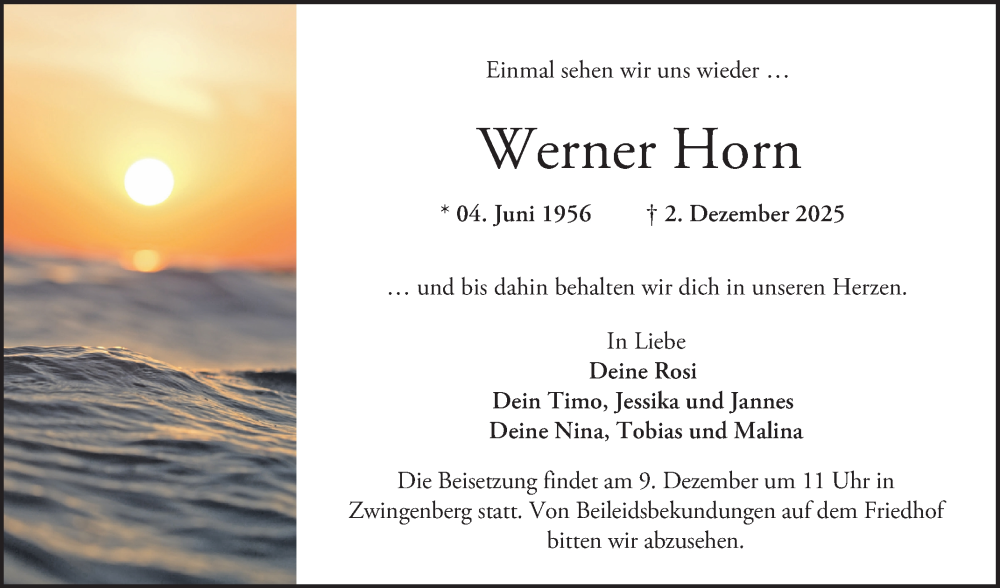  Traueranzeige für Werner Horn vom 06.12.2025 aus Bergsträßer Anzeiger