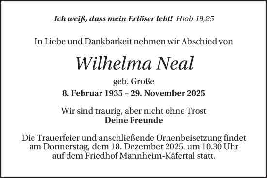 Traueranzeige von Wilhelma Neal von Mannheimer Morgen