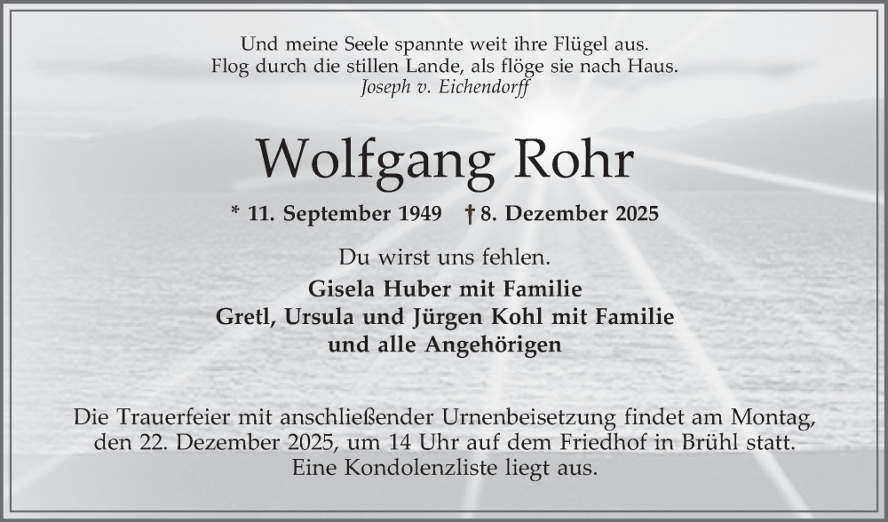  Traueranzeige für Wolfgang Rohr vom 13.12.2025 aus Schwetzinger Zeitung