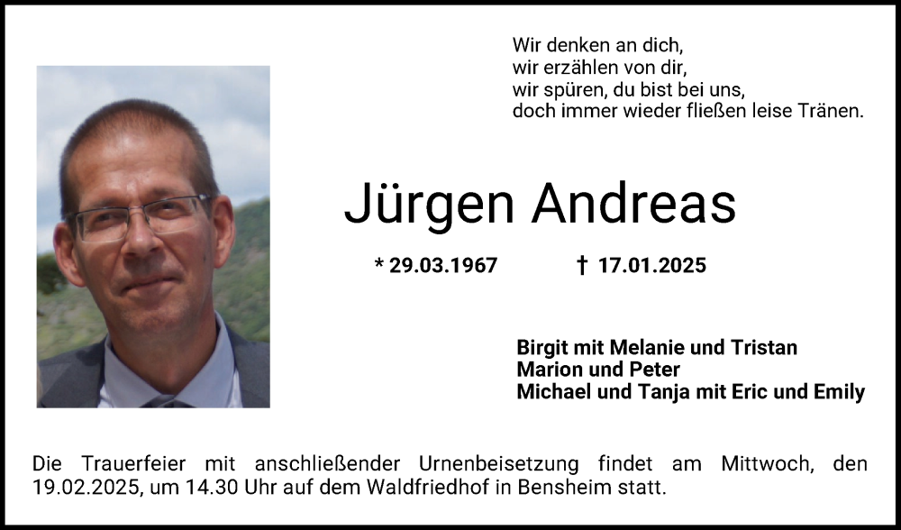  Traueranzeige für Jürgen Andreas vom 08.02.2025 aus Bergsträßer Anzeiger
