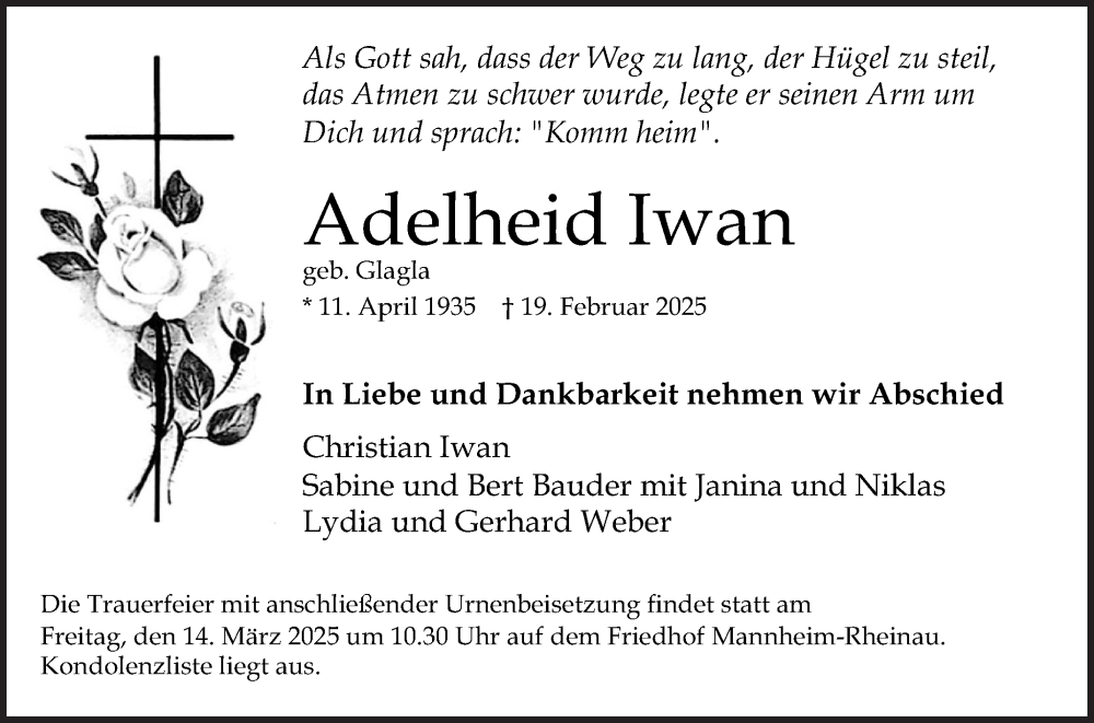  Traueranzeige für Adelheid Iwan vom 01.03.2025 aus Mannheimer Morgen