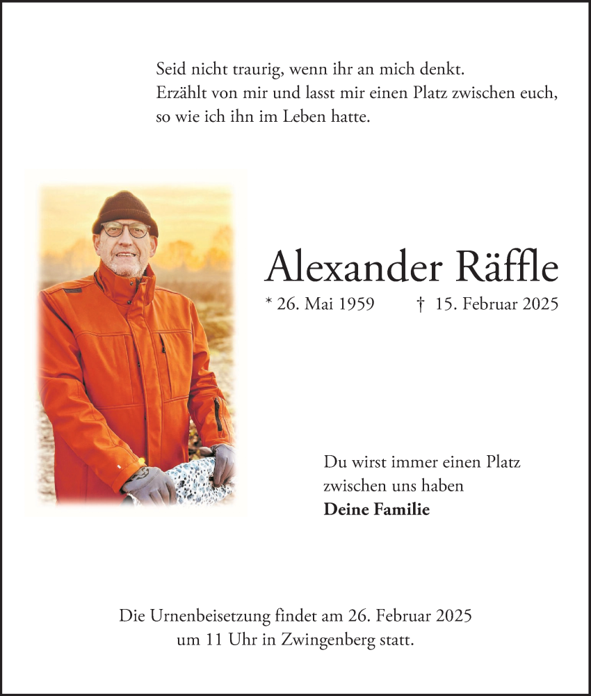  Traueranzeige für Alexander Räffle vom 22.02.2025 aus Bergsträßer Anzeiger