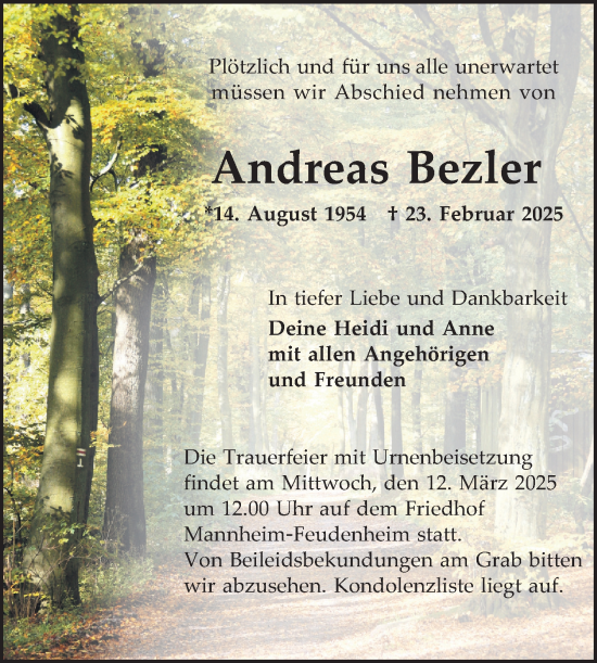 Traueranzeige von Andreas Bezler von Mannheimer Morgen