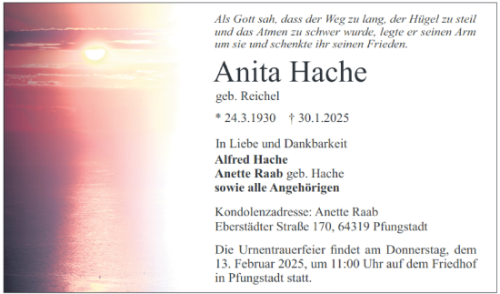 Traueranzeige von Anita Hache von Bergsträßer Anzeiger