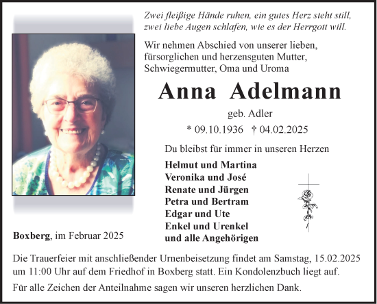 Traueranzeige von Anna Adelmann von Fränkische Nachrichten