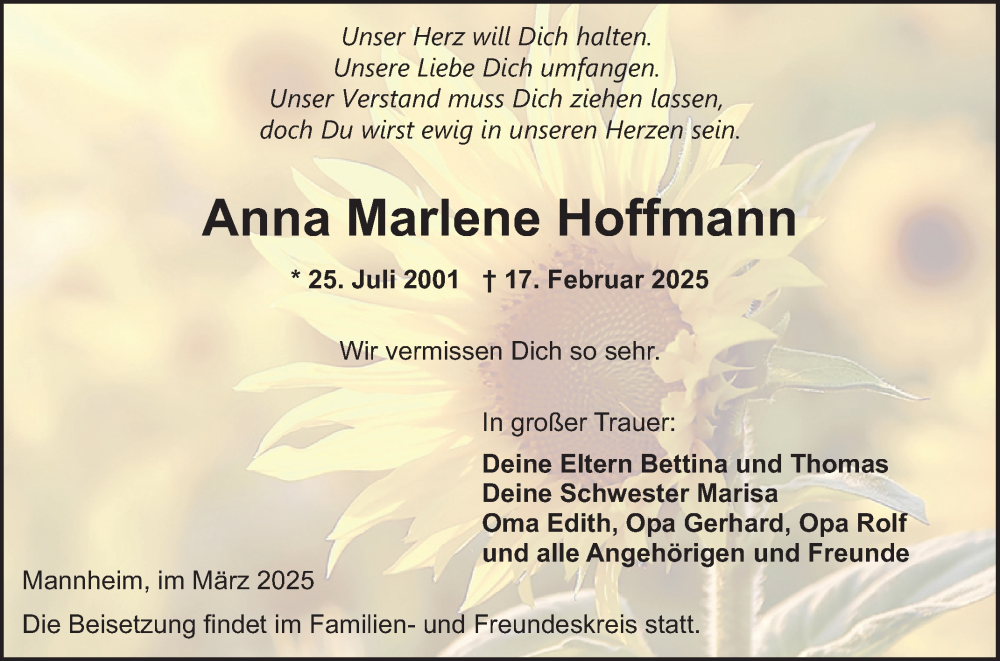  Traueranzeige für Anna Marlene Hoffmann vom 01.03.2025 aus Mannheimer Morgen
