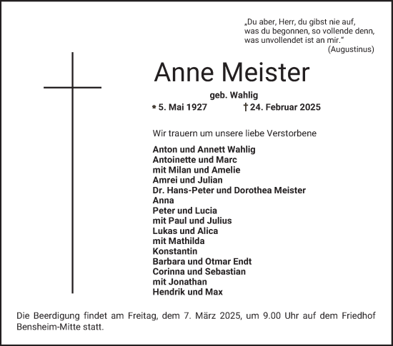 Traueranzeige von Anne Meister von Bergsträßer Anzeiger