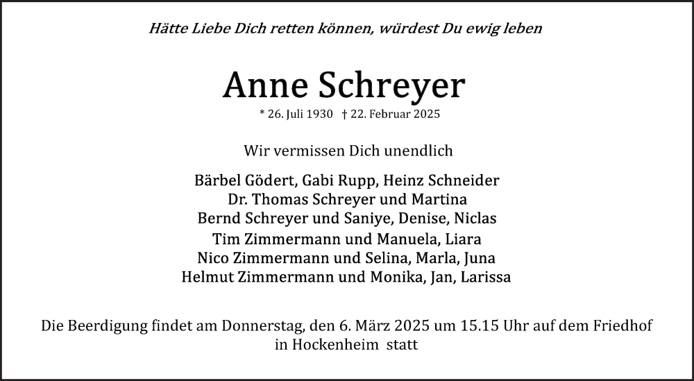  Traueranzeige für Anne Schreyer vom 01.03.2025 aus Schwetzinger Zeitung