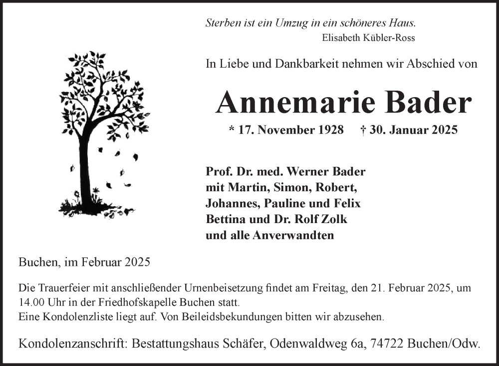  Traueranzeige für Annemarie Bader vom 15.02.2025 aus Fränkische Nachrichten