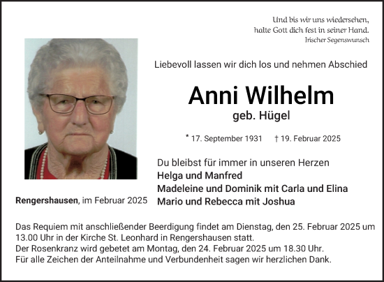 Traueranzeige von Anni Wilhelm von Fränkische Nachrichten