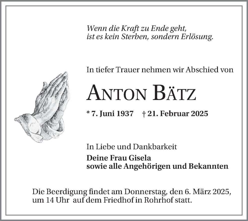  Traueranzeige für Anton Bätz vom 01.03.2025 aus Schwetzinger Zeitung