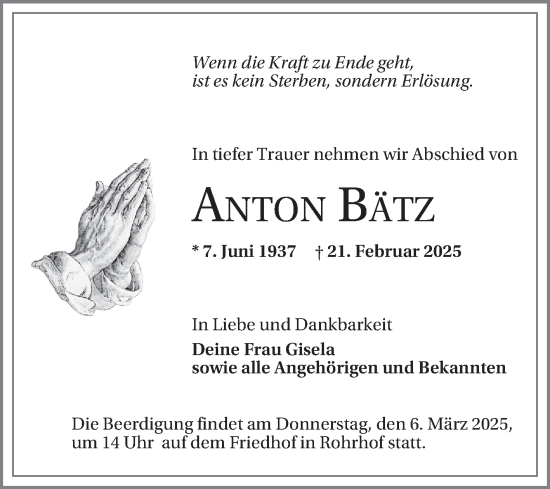 Traueranzeige von Anton Bätz von Schwetzinger Zeitung