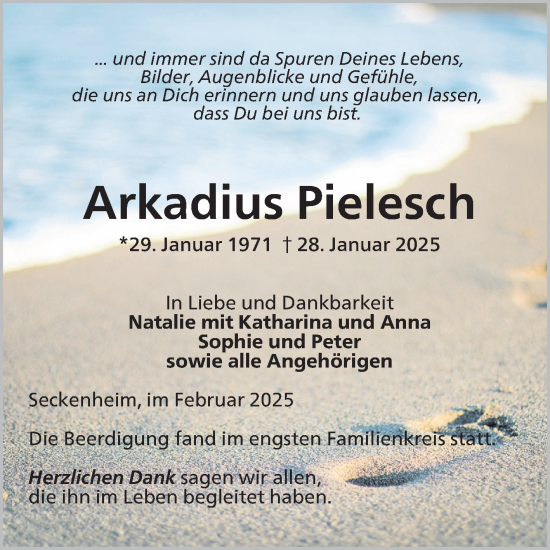 Traueranzeige von Arkadius Pielesch von Mannheimer Morgen