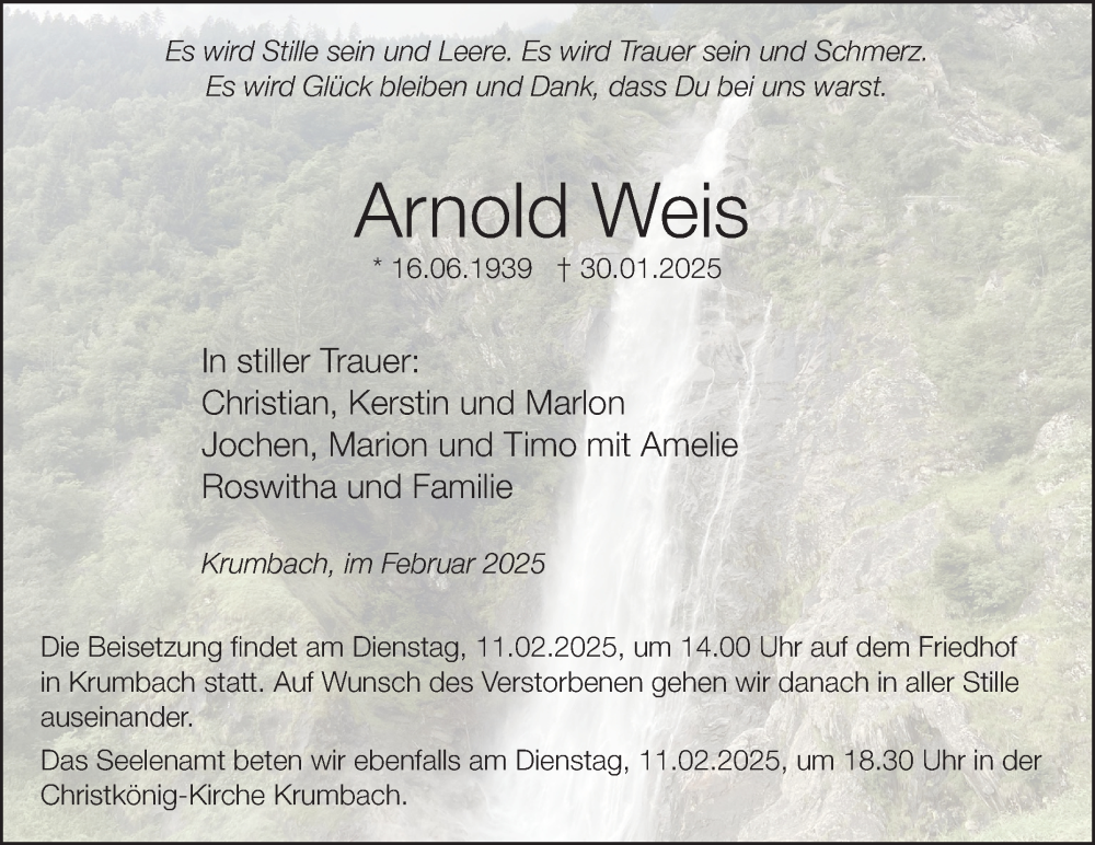  Traueranzeige für Arnold Weis vom 08.02.2025 aus Fränkische Nachrichten