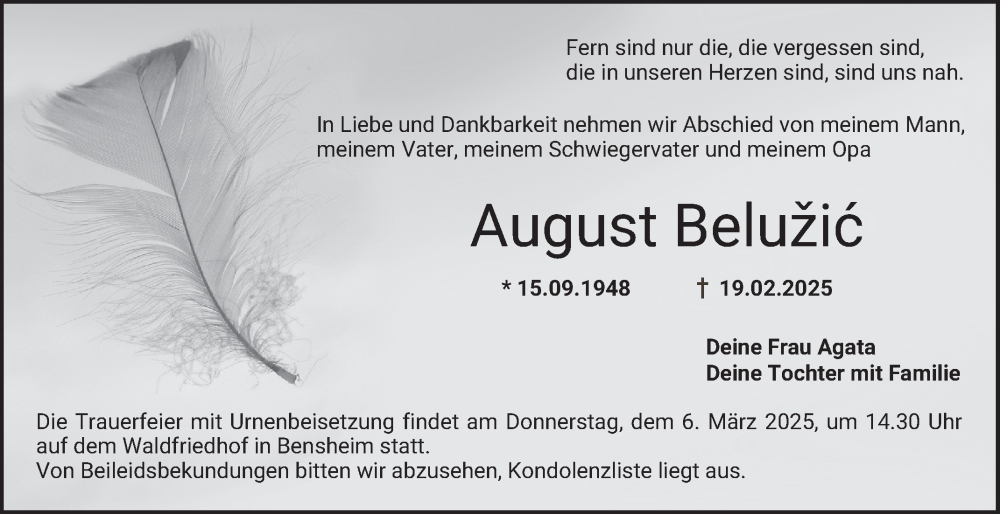  Traueranzeige für August Belužic vom 01.03.2025 aus Bergsträßer Anzeiger