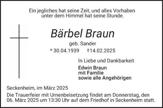 Traueranzeige von Bärbel Braun von Mannheimer Morgen