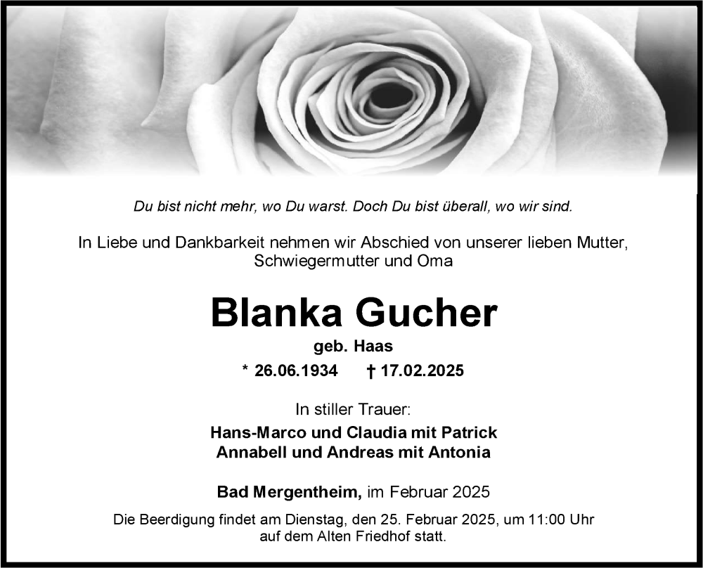 Traueranzeige für Blanka Gucher vom 21.02.2025 aus Fränkische Nachrichten