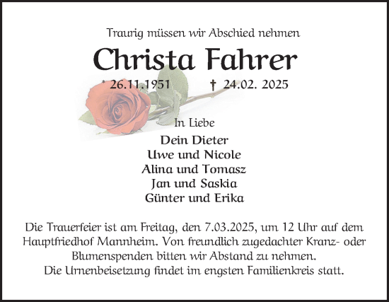 Traueranzeige von Christa Fahrer von Mannheimer Morgen