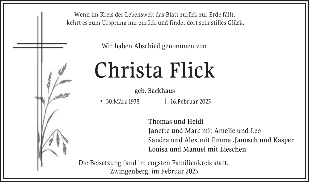  Traueranzeige für Christa Flick vom 22.02.2025 aus Bergsträßer Anzeiger