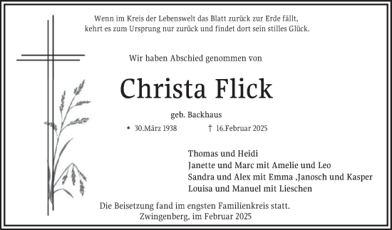 Traueranzeige von Christa Flick von Bergsträßer Anzeiger