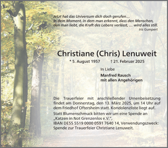 Traueranzeige von Christiane Lenuweit von Mannheimer Morgen
