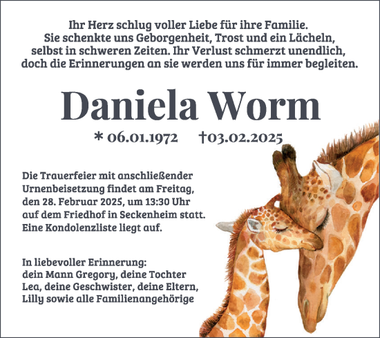 Traueranzeige von Daniela Worm von Mannheimer Morgen