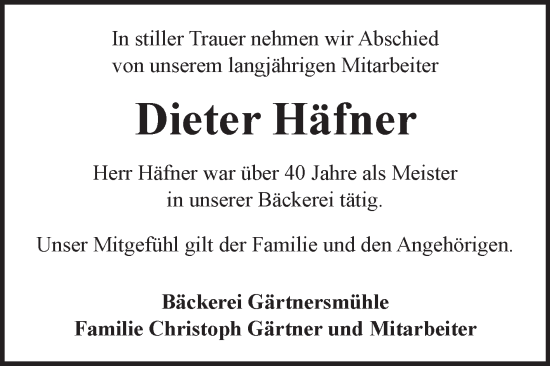 Traueranzeige von Dieter Häfner von Fränkische Nachrichten