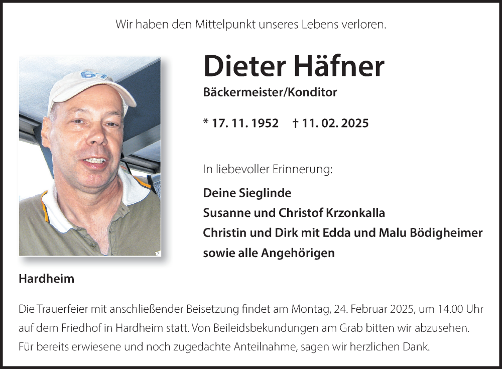  Traueranzeige für Dieter Häfner vom 19.02.2025 aus Fränkische Nachrichten