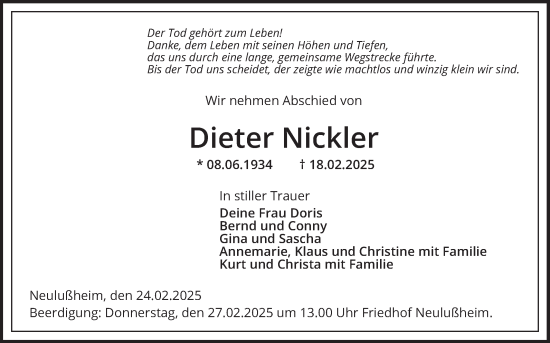 Traueranzeige von Dieter Nickler von Schwetzinger Zeitung