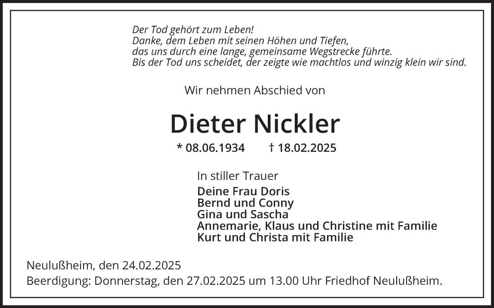  Traueranzeige für Dieter Nickler vom 24.02.2025 aus Schwetzinger Zeitung