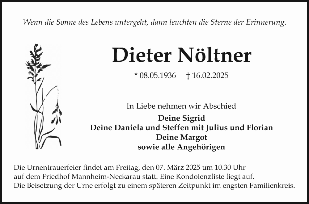  Traueranzeige für Dieter Nöltner vom 22.02.2025 aus Mannheimer Morgen