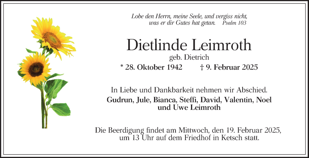  Traueranzeige für Dietlinde Leimroth vom 15.02.2025 aus Schwetzinger Zeitung