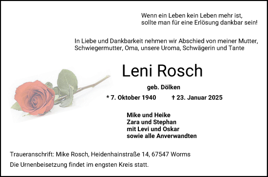 Traueranzeige von Leni Rosch von Bergsträßer Anzeiger