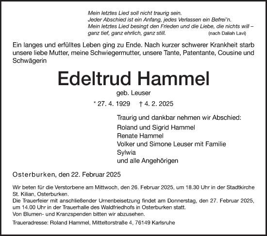 Traueranzeige von Edeltrud Hammel von Fränkische Nachrichten