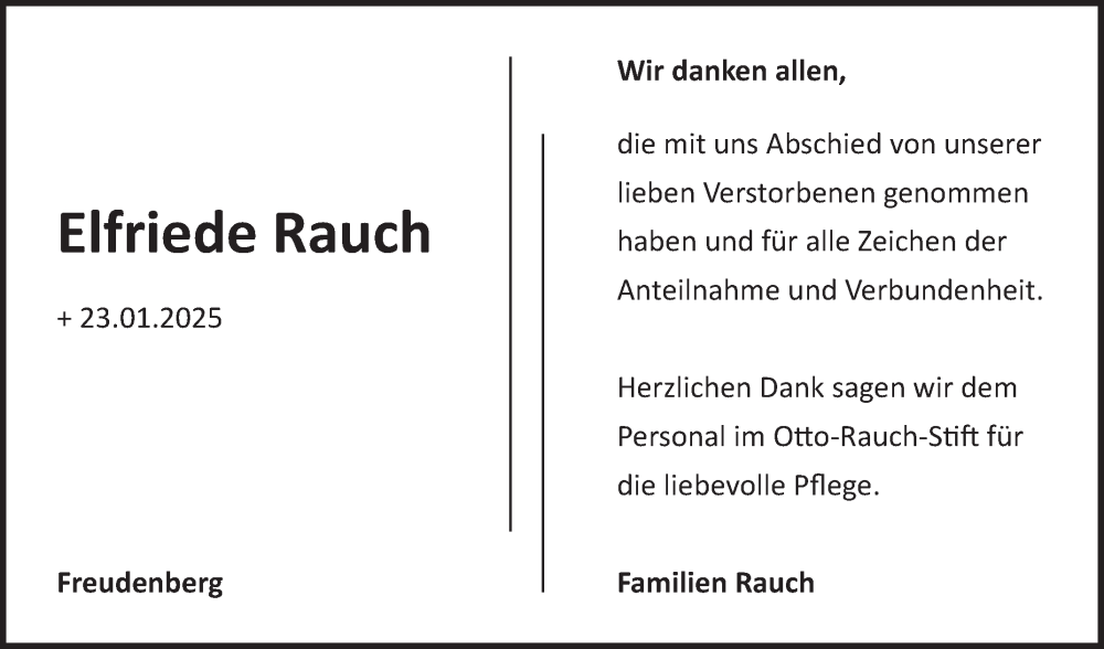  Traueranzeige für Elfriede Rauch vom 08.02.2025 aus Fränkische Nachrichten