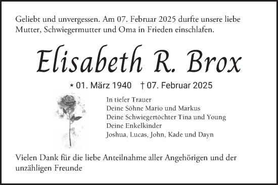 Traueranzeige von Elisabeth Brox von Mannheimer Morgen