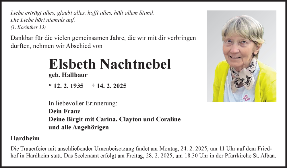  Traueranzeige für Elsbeth Nachtnebel vom 20.02.2025 aus Fränkische Nachrichten