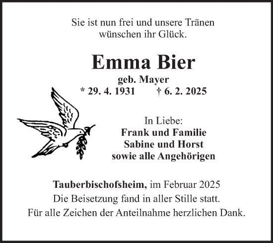 Traueranzeige von Emma Bier von Fränkische Nachrichten