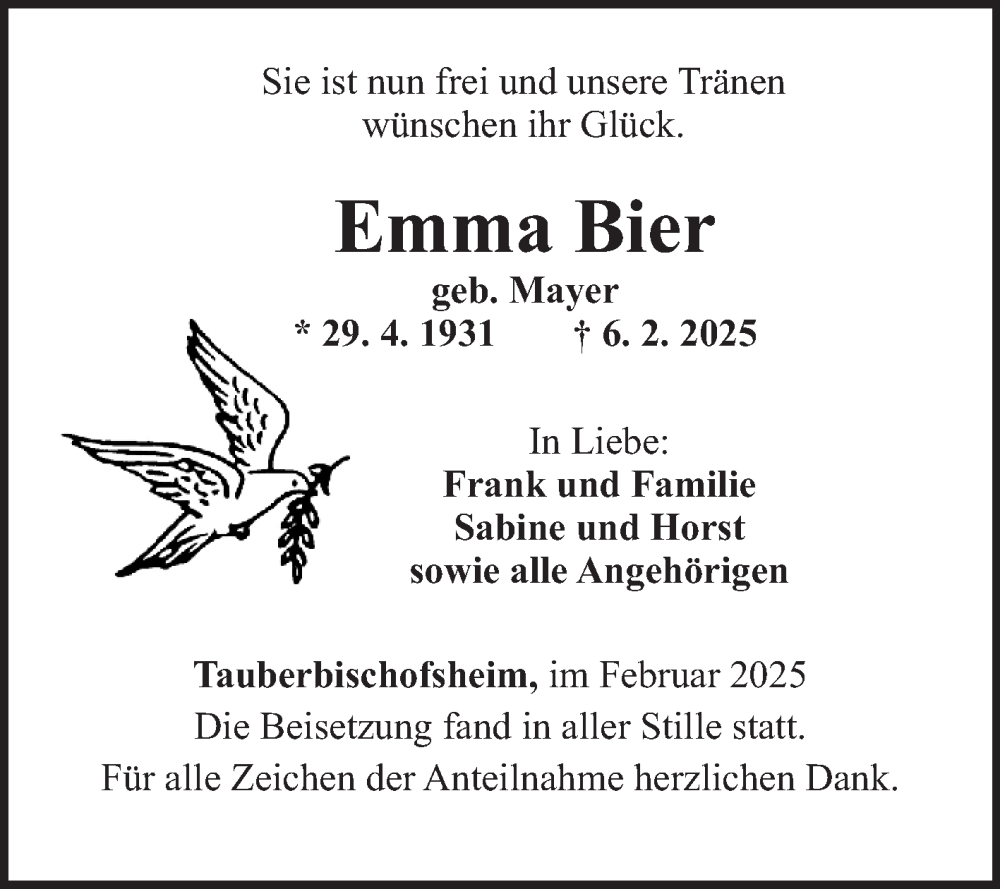  Traueranzeige für Emma Bier vom 22.02.2025 aus Fränkische Nachrichten