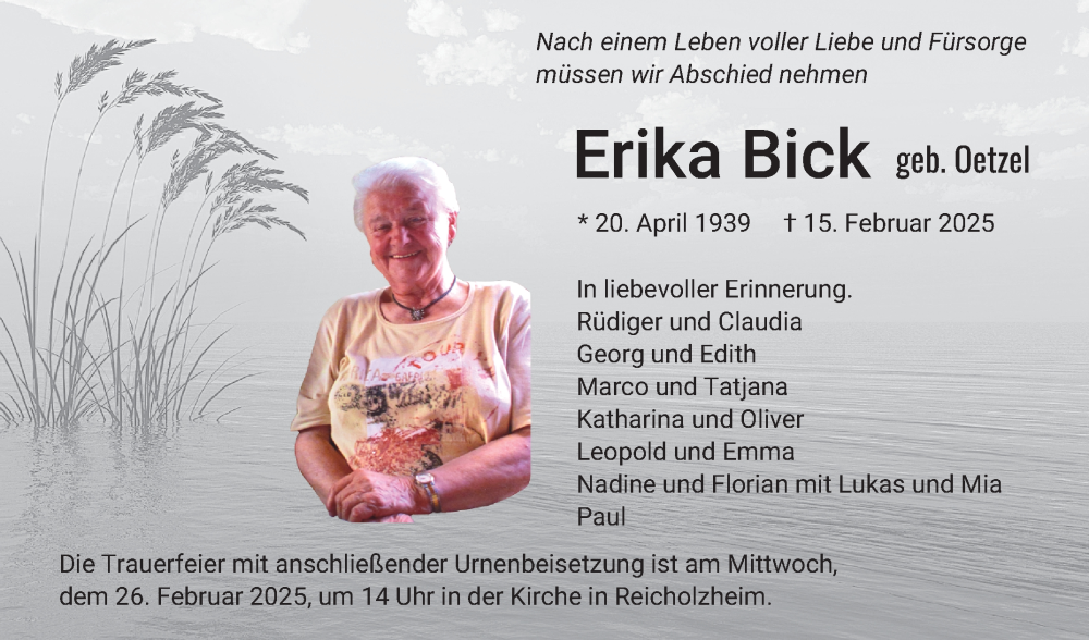 Traueranzeige für Erika Bick vom 22.02.2025 aus Fränkische Nachrichten