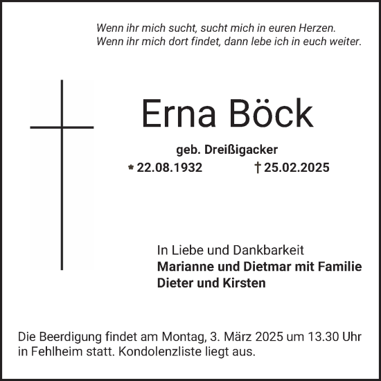 Traueranzeige von Erna Böck von Bergsträßer Anzeiger