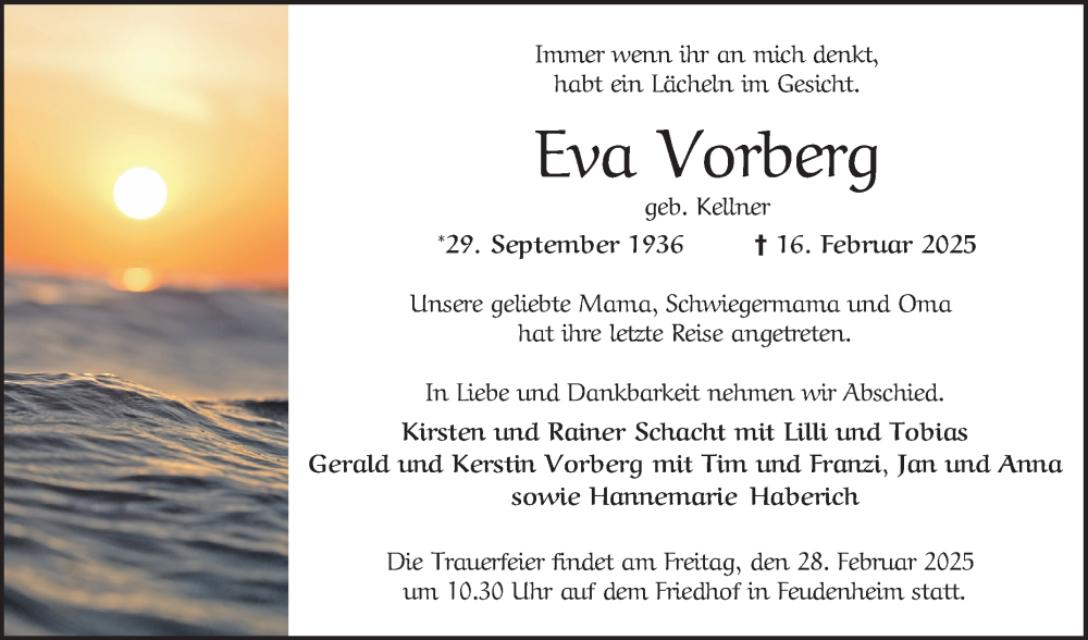  Traueranzeige für Eva Vorberg vom 22.02.2025 aus Mannheimer Morgen