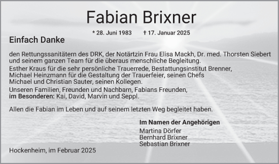 Traueranzeige von Fabian Brixner von Schwetzinger Zeitung