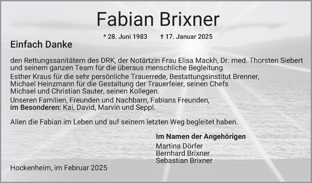  Traueranzeige für Fabian Brixner vom 21.02.2025 aus Schwetzinger Zeitung
