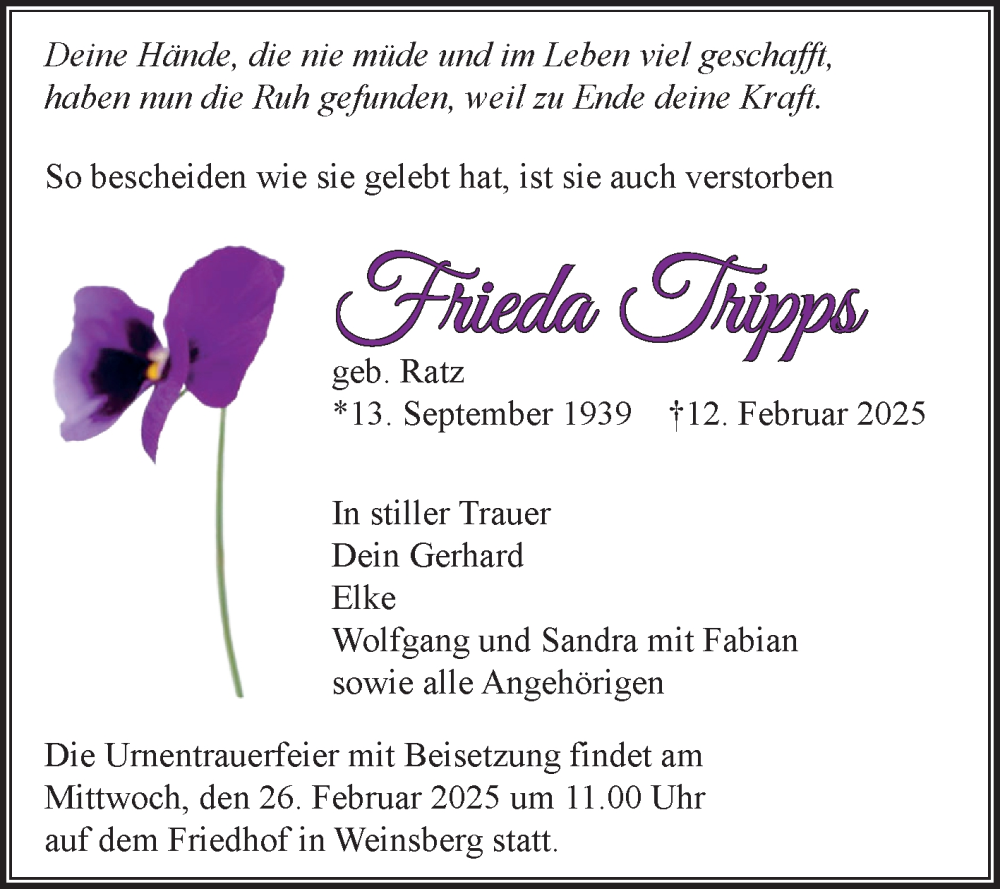  Traueranzeige für Frieda Tripps vom 19.02.2025 aus Fränkische Nachrichten