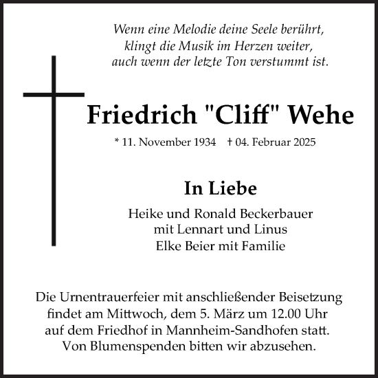Traueranzeige von Friedrich Cliff Wehe von Mannheimer Morgen