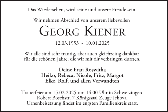Traueranzeige von Georg Kiener von Mannheimer Morgen