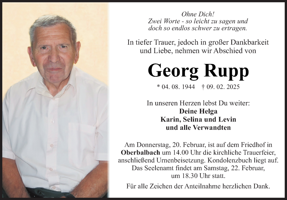  Traueranzeige für Georg Rupp vom 14.02.2025 aus Fränkische Nachrichten