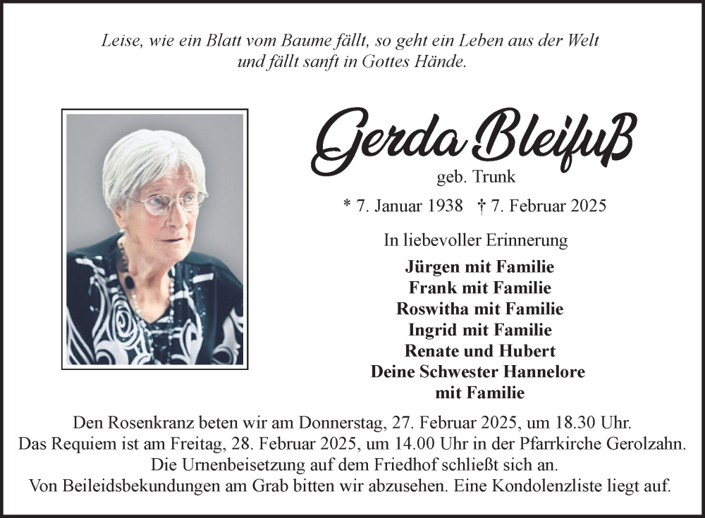  Traueranzeige für Gerda Bleifuß vom 24.02.2025 aus Fränkische Nachrichten