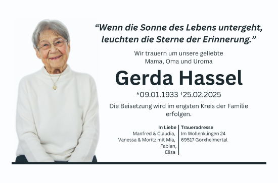 Traueranzeige von Gerda Hassel von Mannheimer Morgen